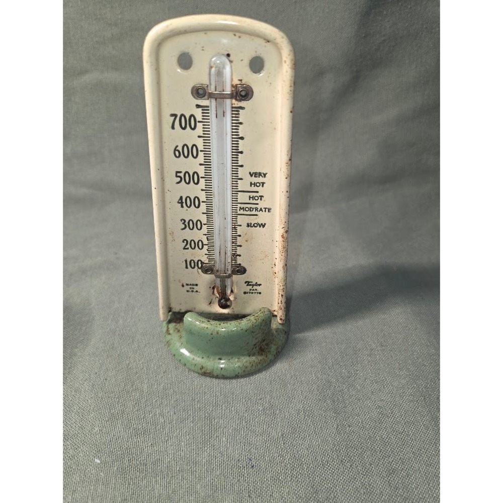 Vintage Taylor Oven Thermometer Enamel Metal Cream Green 100-700 Degrees USA
